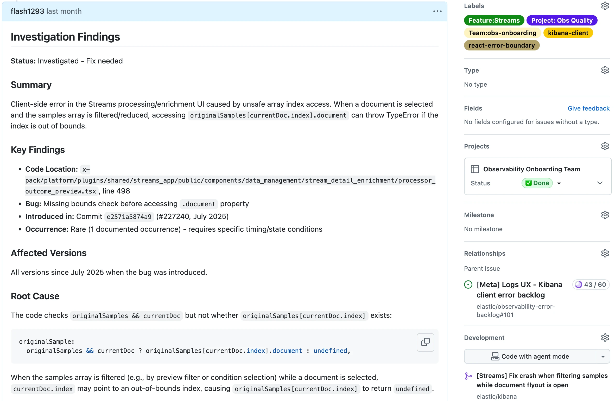 Error triage report screenshot