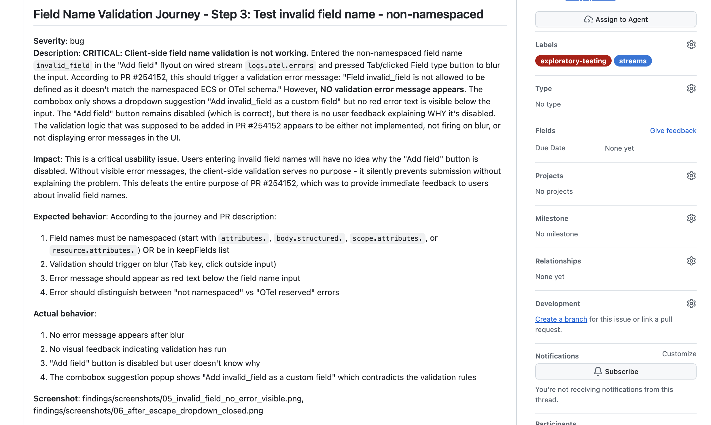 Exploratory testing GitHub issue screenshot