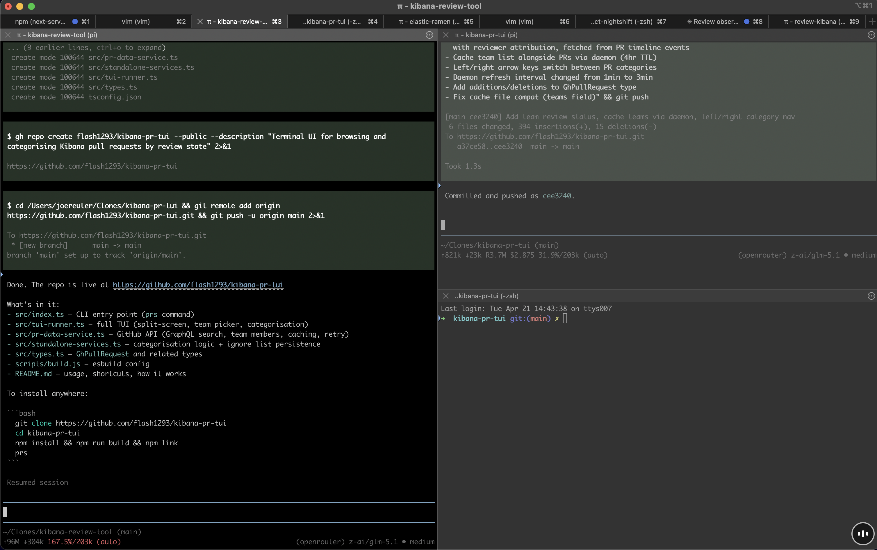 pi running in split TMux panes